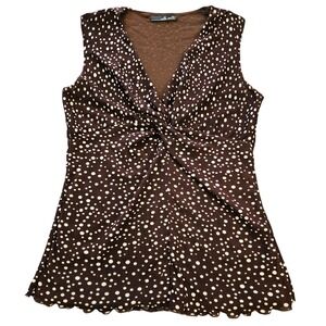 Willi Smith Brown Polka Dot Mesh Twist Front Sleeveless Top V-Neck M